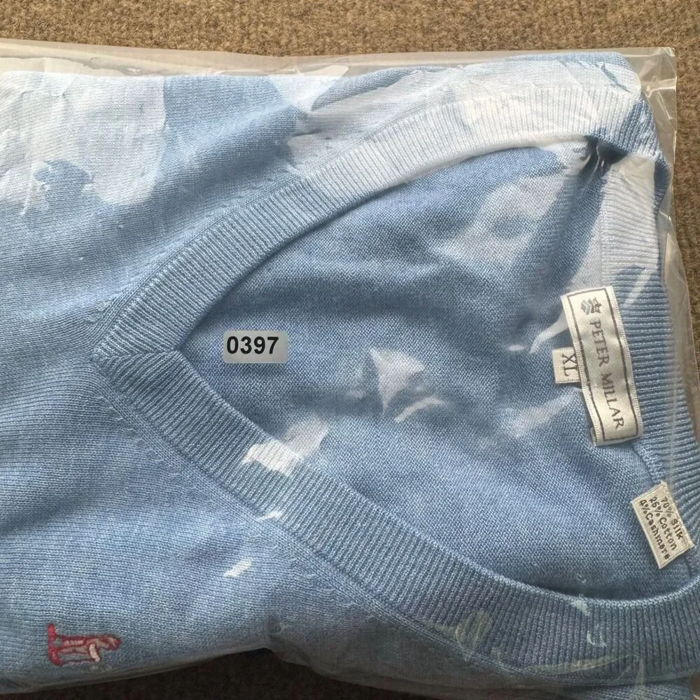 Peter Millar Sweater Vest Silk/Cotton/Cashmere V-Neck Men's Xl Blue NGLA Logo